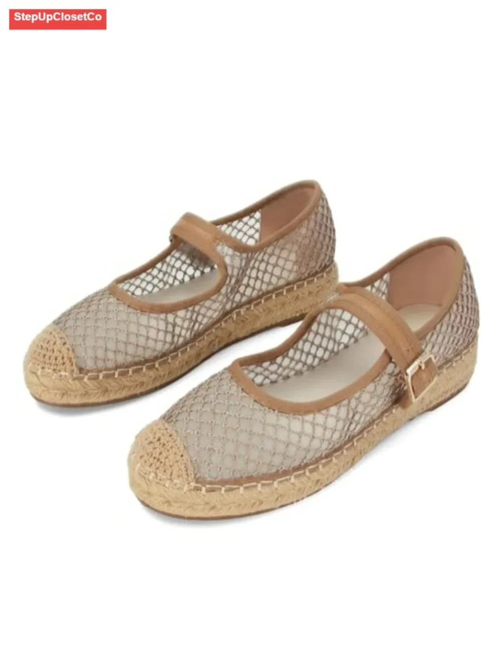 Mesh Mary Jane Platform Flats Woven Raffia Espadrilles Women
